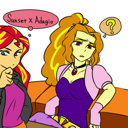 Size: 1000x1000 | Tagged: safe, artist:raika0306, adagio dazzle, sunset shimmer, equestria girls, rainbow rocks, breasts, cleavage, female, lesbian, question mark, shipping, sunsagio, thought bubble