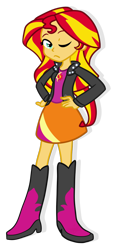 Size: 492x1042 | Tagged: safe, artist:embercl, sunset shimmer, equestria girls, boots, clothes, high heel boots, high heels, jacket, leather jacket, one eye closed, simple background, skirt, solo, transparent background