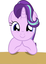 Size: 3593x5000 | Tagged: safe, artist:dashiesparkle, starlight glimmer, pony, unicorn, uncommon bond, bust, cute, female, glimmerbetes, hair flip, hair over one eye, horn, looking at you, mare, simple background, smiling, solo, table, transparent background, vector