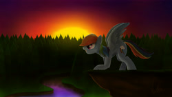 Size: 6400x3600 | Tagged: safe, artist:theravencriss, derpibooru import, rainbow dash, pegasus, pony, cliff, female, forest, mare, multicolored hair, river, solo, sunset, tree