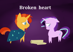 Size: 1400x1000 | Tagged: safe, artist:zouyugi, starlight glimmer, sunburst, pony, unicorn, uncommon bond, broken hearts, crying, pointy ponies, sad