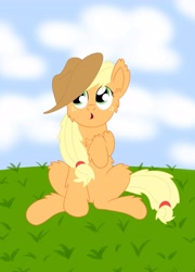 Size: 3456x4800 | Tagged: safe, artist:eillahwolf, applejack, earth pony, pony, chest fluff, fluffy, looking up, raised hoof, sitting, solo