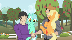 Size: 7680x4320 | Tagged: safe, artist:mewtwo-ex, artist:tex, edit, applejack, lyra heartstrings, oc, oc:tex, earth pony, human, pony, unicorn, absurd resolution, apple tree, female, handshake, holding a pony, lip bite, male, man, mare, tree