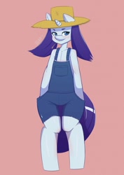 Size: 905x1280 | Tagged: safe, artist:gear-zs, rarity, anthro, simple ways, hat, overalls, rarihick, smiling, solo, straw hat