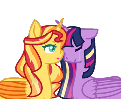 Size: 705x575 | Tagged: safe, artist:rae-of-sunshine-art, sunset shimmer, twilight sparkle, twilight sparkle (alicorn), alicorn, pony, alicornified, colored pupils, crying, cuddling, female, lesbian, race swap, rainbow power, rainbow power-ified, shimmercorn, shipping, simple background, snuggling, sunsetsparkle, transparent background