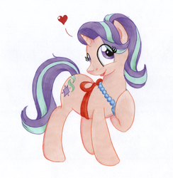 Size: 1000x1026 | Tagged: safe, artist:foxxy-arts, starlight glimmer, pony, unicorn, female, heart, jewelry, looking at you, mare, necklace, raised leg, ribbon, solo, traditional art