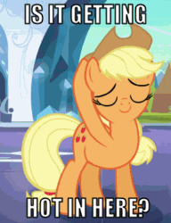Size: 287x373 | Tagged: safe, edit, edited screencap, screencap, applejack, earth pony, pony, the crystal empire, animated, cowboy hat, cropped, crystal empire, fanning, hat, image macro, reaction image, solo, stetson