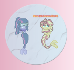 Size: 504x476 | Tagged: safe, artist:verve, sci-twi, sunset shimmer, twilight sparkle, mermaid, equestria girls, ain't never had friends like us, ask, genie, mermaidized, not fiery shimmer, pixel art, scuba gear, sphere, transformation, tumblr, water