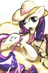 Size: 853x1280 | Tagged: safe, artist:ruby, rarity, pony, unicorn, hat, looking at you, prone, rhinestone rarihick, solo