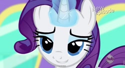 Size: 838x460 | Tagged: safe, screencap, rarity, pony, unicorn, bend over, caption, hub logo, magic, roflbot, solo