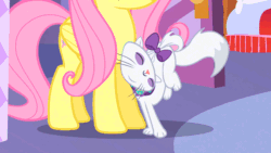 Size: 960x540 | Tagged: safe, screencap, fluttershy, opalescence, cat, pegasus, pony, stare master, animated, cute, female, mare, nuzzling, opalbetes, shyabetes