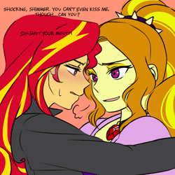 Size: 1000x1000 | Tagged: safe, artist:raika0306, adagio dazzle, sunset shimmer, equestria girls, rainbow rocks, blushing, dialogue, female, imminent kissing, lesbian, shipping, sunsagio