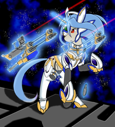 Size: 818x900 | Tagged: safe, artist:denwingzero, android, kos-mos, mare, minigun, ponified, solo, space, stars, xenosaga