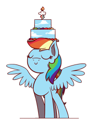 Size: 1350x1800 | Tagged: safe, artist:flutterluv, derpibooru import, rainbow dash, pegasus, pony, balancing, cake, eyes closed, female, food, mare, rainbow dash day, simple background, smiling, solo, transparent background