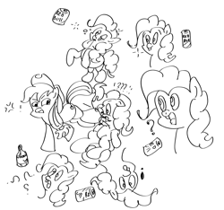 Size: 1509x1414 | Tagged: safe, applejack, pinkie pie, earth pony, pony, alcohol, drunk, energy drink, red bull, sketch, vodka