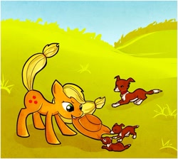 Size: 897x805 | Tagged: safe, artist:capreola, applejack, winona, dog, earth pony, pony, cute, puppy