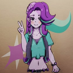 Size: 1024x1024 | Tagged: safe, artist:mizuchi-art, starlight glimmer, human, equestria girls, beanie, cutie mark background, hat, peace sign, solo, watermark