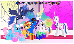 Size: 2656x1602 | Tagged: safe, artist:andoanimalia, aloe, lotus blossom, princess celestia, princess luna, starlight glimmer, sunset shimmer, oc, alicorn, earth pony, pony, unicorn, birthday, female, flying, glowing horn, magic, mare, present, recolor, telekinesis