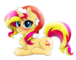 Size: 1503x1197 | Tagged: safe, artist:confetticakez, sunset shimmer, pony, equestria girls, blushing, chest fluff, cute, hat, hnnng, looking at you, prone, pumkinroll is trying to murder us, santa hat, shimmerbetes, simple background, smiling, snow, solo, white background