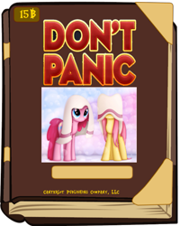 Size: 607x757 | Tagged: safe, fluttershy, pinkie pie, earth pony, pegasus, pony, book cover meme, don't panic, exploitable meme, hitchhiker's guide to the galaxy, meme, towel