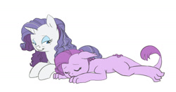 Size: 1041x550 | Tagged: safe, artist:carnifex, rarity, oc, oc:lavender, dracony, hybrid, pony, unicorn, female, interspecies offspring, mother and child, mother and daughter, offspring, older, parent and child, parent:rarity, parent:spike, parents:sparity, simple background, sleeping, white background