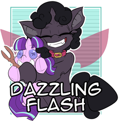 Size: 1844x1889 | Tagged: safe, artist:bbsartboutique, starlight glimmer, oc, oc:dazzling flash, changeling, pony, unicorn, changeling oc, collar, plushie, purple changeling, s5 starlight, staff, staff of sameness, transparent background, wings