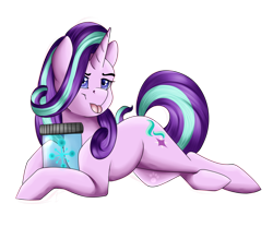 Size: 1200x1051 | Tagged: safe, artist:crecious, starlight glimmer, pony, unicorn, bottle, cutie mark, prone, simple background, solo, tongue out, transparent background