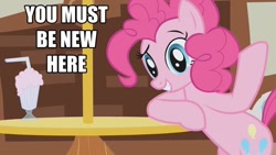 Size: 640x360 | Tagged: safe, pinkie pie, earth pony, pony, image macro, milkshake, reaction image, solo, you must be new here