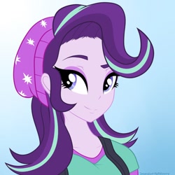 Size: 894x894 | Tagged: safe, artist:dreamyeevee, starlight glimmer, human, equestria girls, beanie, bust, clothes, hat, portrait, raised eyebrow, smiling, solo