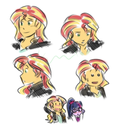 Size: 600x600 | Tagged: safe, artist:funakounasoul, sci-twi, sunset shimmer, twilight sparkle, equestria girls, expressions, female, lesbian, scitwishimmer, shipping, simple background, study, sunsetsparkle