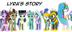 Size: 3840x1708 | Tagged: safe, artist:goatcanon, bon bon, doctor whooves, flitter, lyra heartstrings, princess celestia, starlight glimmer, sweetie drops, oc, oc:general dust, oc:general strawcream, alicorn, pony, comic:lyra's story, 3d, female, guardsmare, mare, necktie, royal guard, s5 starlight, simple background, staff, staff of sameness, sunglasses, white background