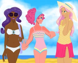 Size: 1000x815 | Tagged: safe, artist:greenvelvetcake, fluttershy, pinkie pie, rarity, human, beach, belly button, bikini, clothes, dark skin, hat, humanized, moderate dark skin, one-piece swimsuit, sunglasses, swimsuit, tan