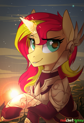 Size: 941x1373 | Tagged: safe, artist:redchetgreen, sunset shimmer, pony, armor, beautiful, crepuscular rays, crossover, ear fluff, glowing horn, league of legends, leona, looking at you, magic, smiling, solo, sunset