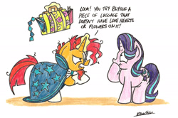 Size: 2221x1475 | Tagged: safe, artist:bobthedalek, starlight glimmer, sunburst, pony, unicorn, uncommon bond, case, giggling, scrunchy face, suitcase, sunburst is not amused, traditional art, unamused