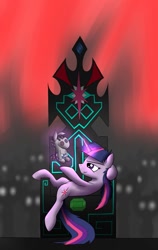 Size: 807x1280 | Tagged: safe, artist:theebonyheart, derpibooru import, smarty pants, twilight sparkle, crowd, evil, glowing eyes, grin, magic, on back, silhouette, slouching, smiling, telekinesis, throne, twilight snapple, tyrant sparkle