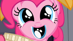 Size: 1280x720 | Tagged: safe, artist:dtkraus, edit, chancellor puddinghead, pinkie pie, earth pony, pony, adoracreepy, brilliant face, creepy, cute, eye, eye in mouth, looking at you, not salmon, smiling, solo, squee, third eye, wat