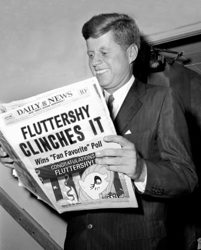 Size: 401x500 | Tagged: safe, edit, fluttershy, human, fan favorite, fan favorite poll, happy, irl, irl human, john f. kennedy, newspaper, paper, photo, smiling