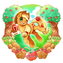 Size: 800x800 | Tagged: safe, artist:tatugon, applejack, earth pony, pony, apple, apple pie, cart, grin, muffin, pie, solo, tree