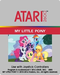 Size: 410x512 | Tagged: safe, derpibooru import, applejack, fluttershy, pinkie pie, rainbow dash, rarity, twilight sparkle, earth pony, pegasus, pony, unicorn, atari, atari 2600, cover art, fake, mane six