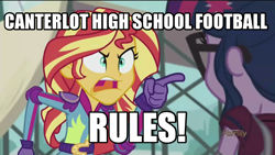 Size: 1280x720 | Tagged: safe, edit, edited screencap, screencap, sci-twi, sunset shimmer, twilight sparkle, equestria girls, friendship games, angry, bill and ted's excellent adventure, exploitable meme, image macro, meme, sunset yells at twilight