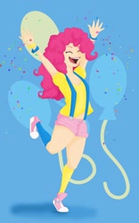 Size: 900x1442 | Tagged: safe, artist:thephantomsdiva, pinkie pie, human, balloon, confetti, happy, humanized, light skin, solo, suspenders