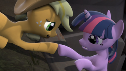 Size: 1600x900 | Tagged: safe, applejack, twilight sparkle, earth pony, pony, 3d, gmod, help