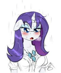 Size: 278x336 | Tagged: safe, artist:pia-sama, rarity, anthro, unicorn, comic:rogue diamond, :o, bedroom eyes, blushing, clothes, female, floppy ears, open mouth, panting, rain, simple background, solo, wet, wet mane, wet mane rarity, white background