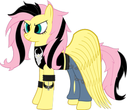 Size: 1357x1172 | Tagged: safe, artist:raven-kipper, fluttershy, pegasus, pony, chains, clothes, demon hunter, emoshy, eyeliner, jeans, metal, metalshy, pants, ripped jeans, solo, spiked wristband, tattoo