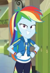 Size: 281x405 | Tagged: safe, derpibooru import, screencap, rainbow dash, best trends forever, best trends forever: rainbow dash, better together, equestria girls, geode of super speed, grin, magical geodes, smiling