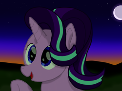 Size: 2732x2048 | Tagged: safe, artist:snake8head, starlight glimmer, pony, unicorn, female, happy, mare, moon, night, open mouth, smiling, solo, stars, waving