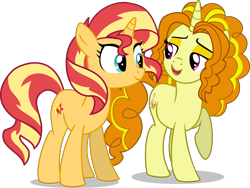 Size: 6000x4518 | Tagged: safe, artist:limedazzle, adagio dazzle, sunset shimmer, pony, unicorn, equestria girls, absurd resolution, alternate universe, best friends, cute, duo, equestria girls ponified, eye contact, female, lidded eyes, looking at each other, mare, open mouth, ponified, raised eyebrow, raised hoof, shimmerbetes, simple background, smiling, transparent background, vector