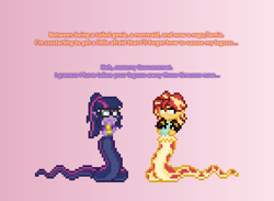 Size: 720x527 | Tagged: safe, artist:verve, sci-twi, sunset shimmer, twilight sparkle, lamia, original species, equestria girls, ain't never had friends like us, ask, genie, pixel art, transformation, tumblr, twilamia, twinaga