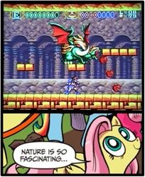 Size: 333x408 | Tagged: safe, idw, fluttershy, dragon, elephant, pegasus, pony, apple, blue coat, blue eyes, dialogue, exploitable meme, female, looking up, mare, meme, multicolored tail, nature is so fascinating, nintendo, obligatory pony, pink coat, pink mane, skyblazer, smiling, speech bubble, wings, yellow coat