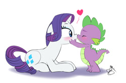 Size: 1200x791 | Tagged: safe, artist:pia-sama, rarity, spike, dragon, pony, unicorn, blushing, cute, eyes closed, female, floppy ears, heart, kissing, male, nose wrinkle, prone, shipping, sparity, straight, surprise kiss, surprised, wide eyes